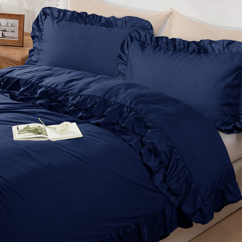 Jimi Microfiber Solid Colour Duvet Cover with Pillowcases, Navy, Single