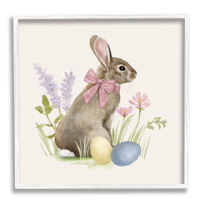 Lapin de Pâques, arc de lapin, fleurs printanières et œufs, estampe numérique encadrée de Victoria Barnes