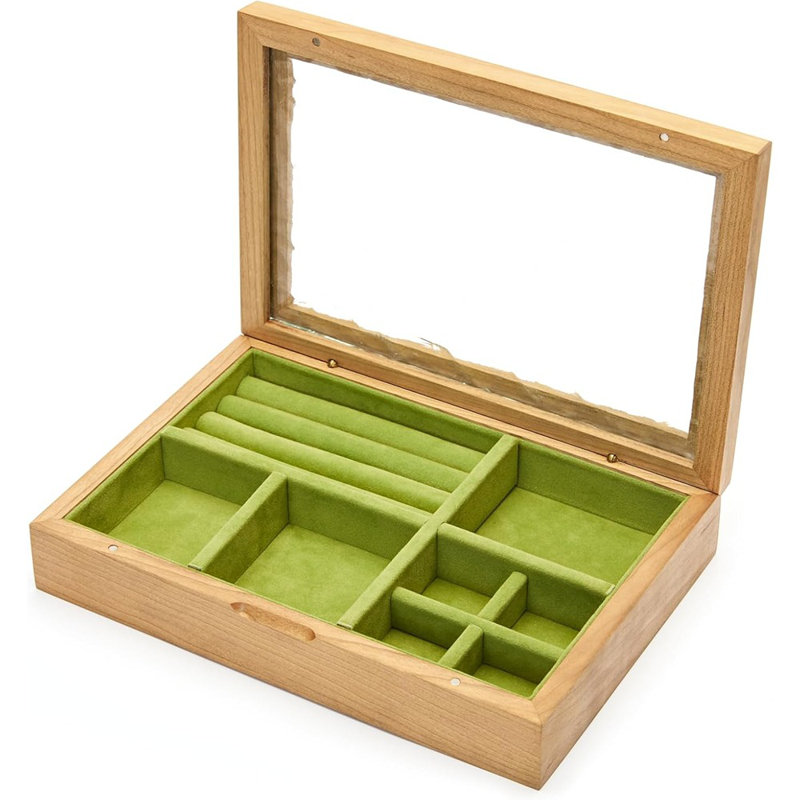 Wooden Jewellery Box With Glass Lid, Multi-Compartment S...