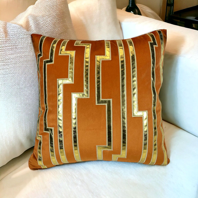 Embroidered Velvet Throw Pillow Cover, Orange