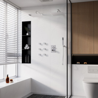 Dual Shower Head Thermostatic Rainfall Shower System with Rough in-Valve and Shower Body Spray