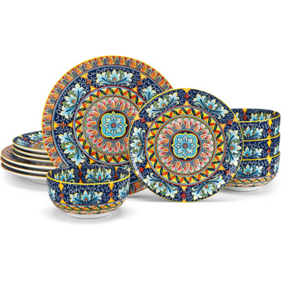 12 Pieces Dinnerware Sets,  Plates And Bowls Set, Porcelain Dishes Set For 4, Microwave And Dishwasher Safe, Scratch Resistant, Bohemian Style Dining Ware Service For 4, Series SIMI