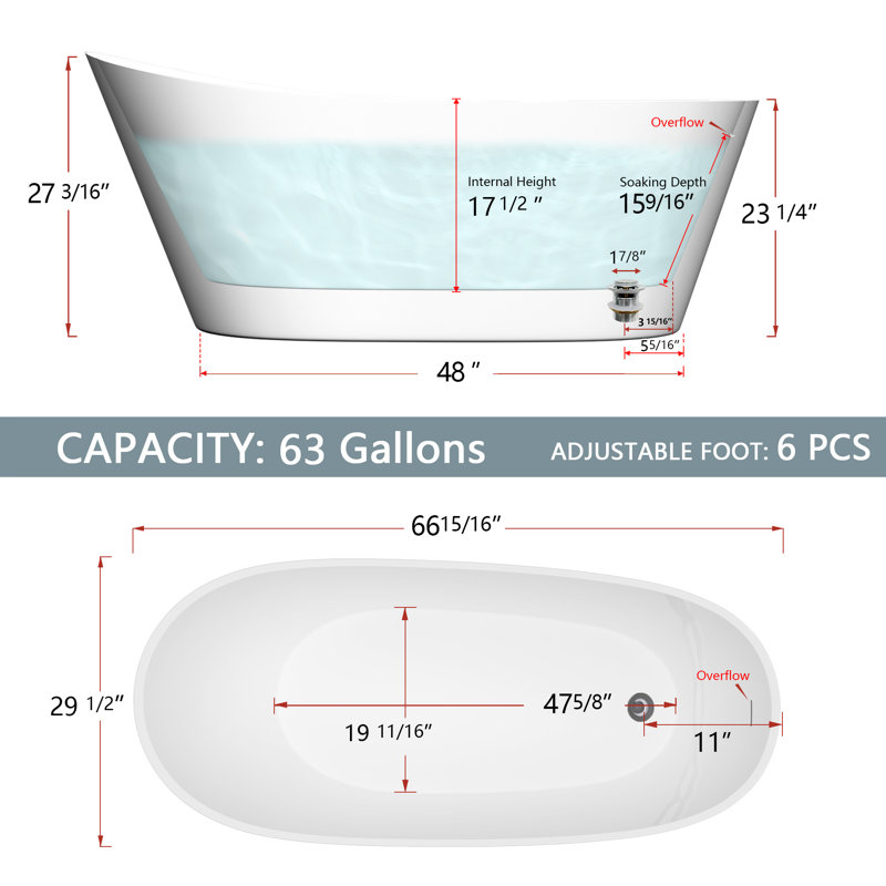 67'' x 29.5'' Freestanding Soaking Acrylic Bathtub