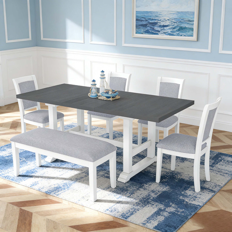 Ensemble de table de salle à manger à tréteaux 6 pièces avec rallonge amovible de 17,7 po, chaises et banc rembourrés, blanc et gris