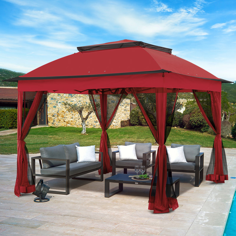 11 Ft. W x 11 Ft. D Pop Up Canopy Patio Gazebo with Mesh Wall, Red