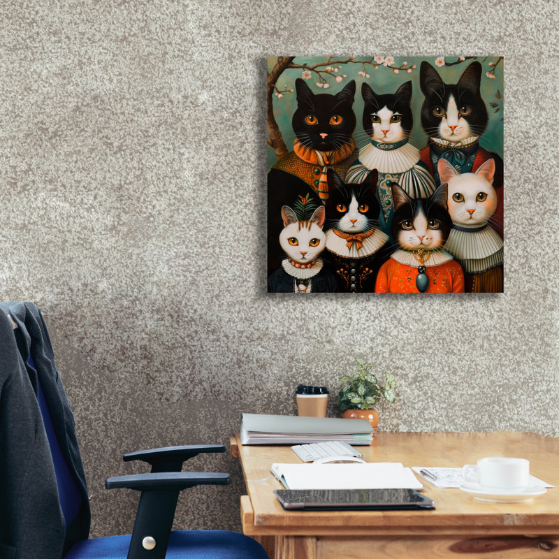  «Cat Familia In Ornate Attire» par Doron David, art mural sur toile, 26 po x 26 po, H 26 po x l 26 po