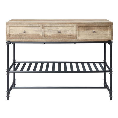Oak And Sandy Black Industrial Table, With Practical Drawers A Stable Base Modern Table Metal Frame Functional Drawers, In