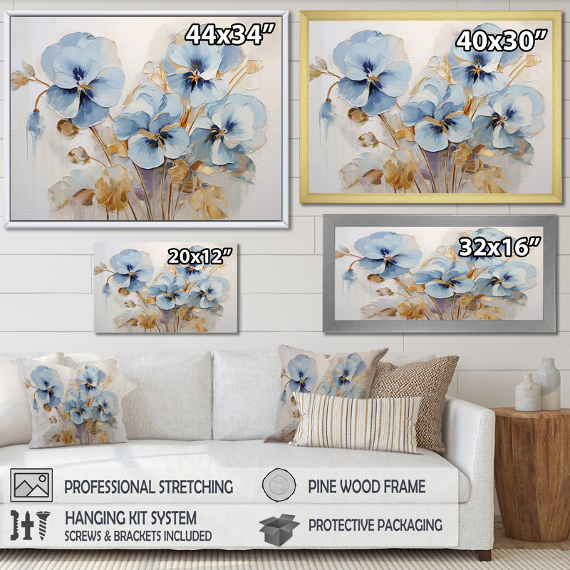 «Blue and Gold Minimalisme Pansy Delight» sur impression sur toile, Cadre flottant blanc, H 34 po x l 44 po x P 1,5 po