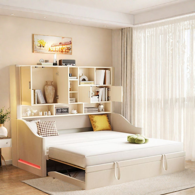 Upholstered Daybed With Led Armrest Lights, Storage Shelves And Cabinets, Beige