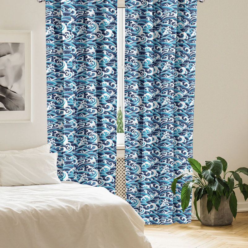 Blue Wave Pattern Rod Pocket Light Filtering Curtain Pair