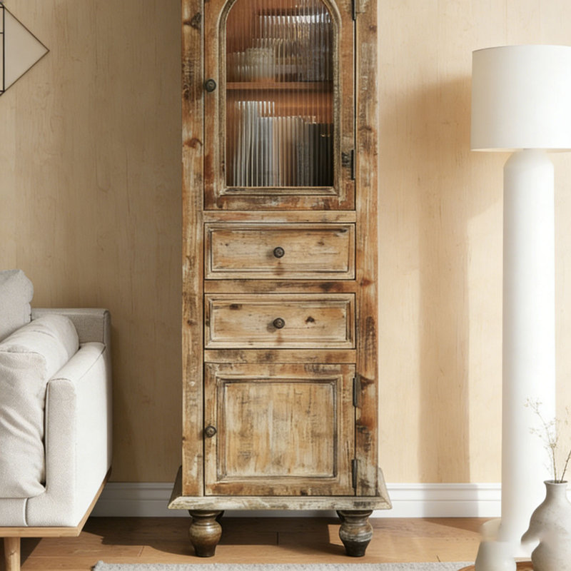 Farmhouse Tall Narrow Storage Cabinet – Rustic Wood Linen Cabinet with 2 Drawers & 2 Doors, Naturel + rustique