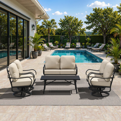 6-Piece Metal Patio Conversation Set with Coffee Table, 4 Swivel Chairs, Loveseat & Beige Cushions