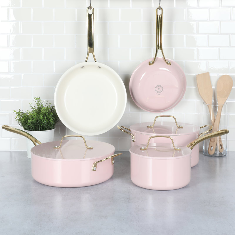 Pink and Gold Nonstick Enamel Aluminum Cookware Set, 10-Piece