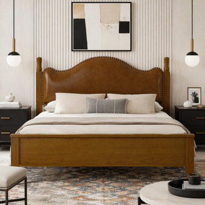 Wood Platform Bed with Upholstered Headboard
