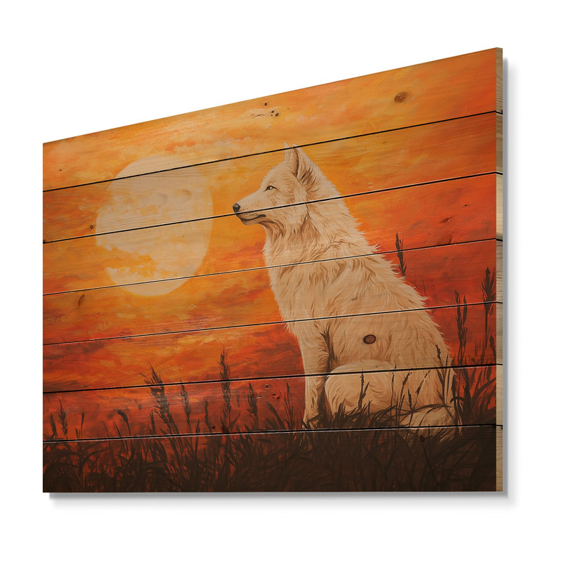 Portrait de loup au coucher du soleil III - Décoration murale moderne en bois sur bois de pin naturel, H 10 po x l 20 po