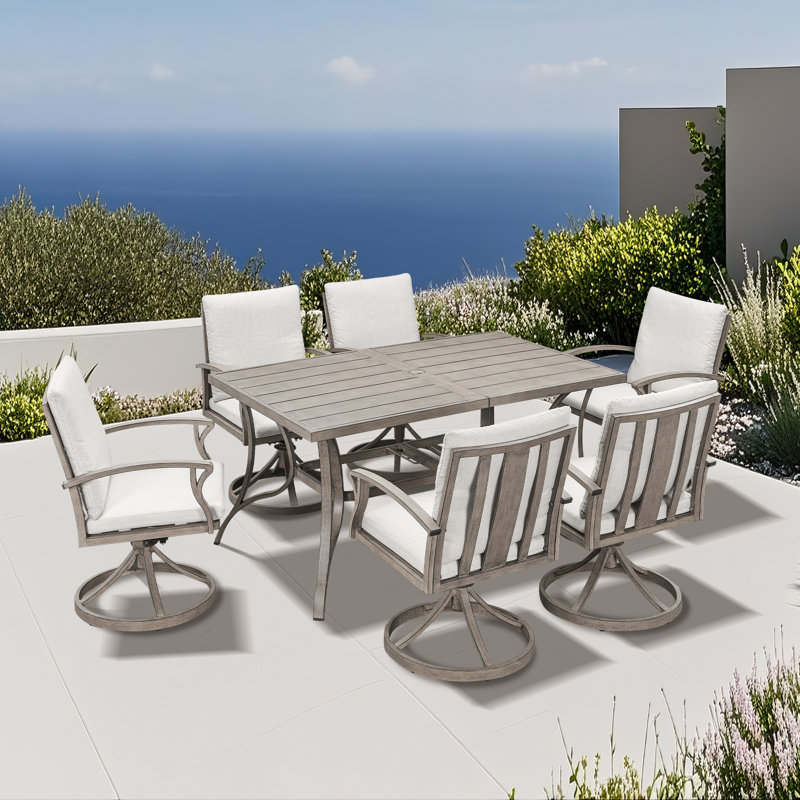 Seehill Patio Swivel Dining Set, Aluminum Outdoor Dining Set With Umbrella Hole, Patio Dining Furniture With Cushions, Outdoor Table And Swivel Chairs For Deck Garden Yard