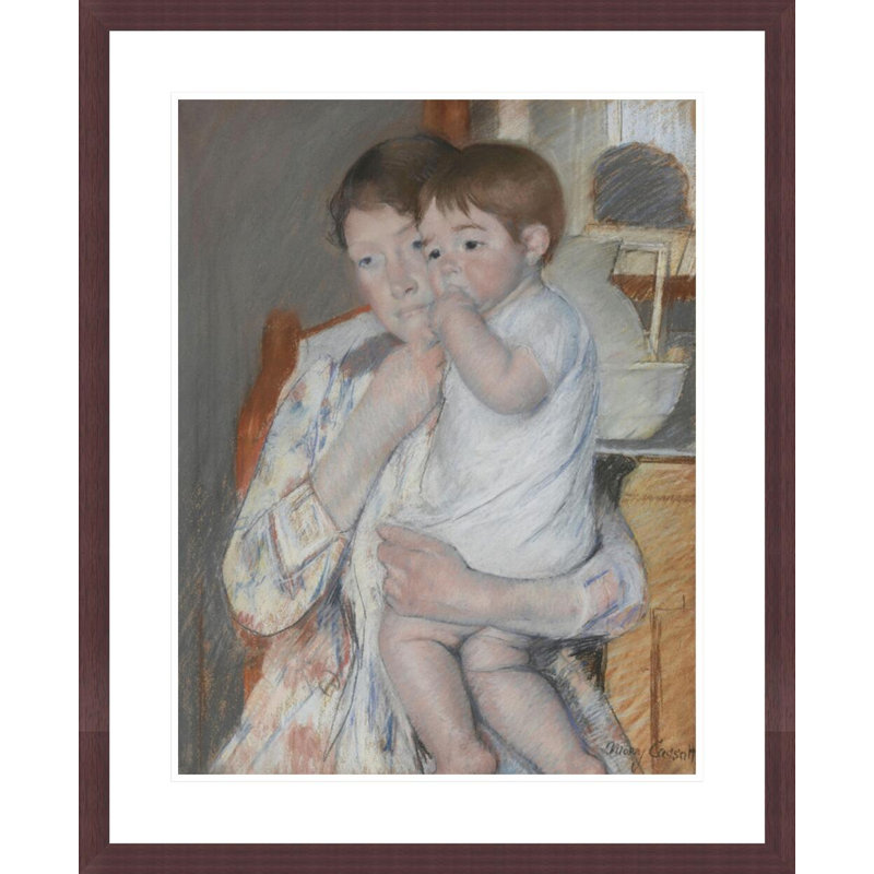 (Femme et enfant devant une petite table portant un lavabo et un pichet) par Mary Cassatt - Impression Giclée encadrée