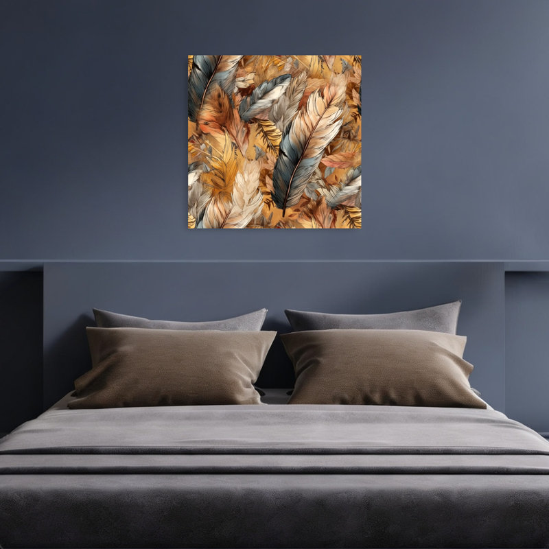 Motif de plumes terreuses, élégant oiseau rustique abstrait automne, art mural nature, 36" H x 36" W