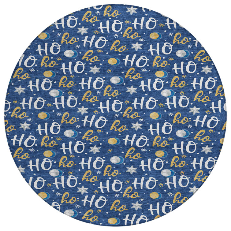 Machine Washable Indoor/Outdoor Snowflake Ho Ho Ho Xhevrie Navy Rug