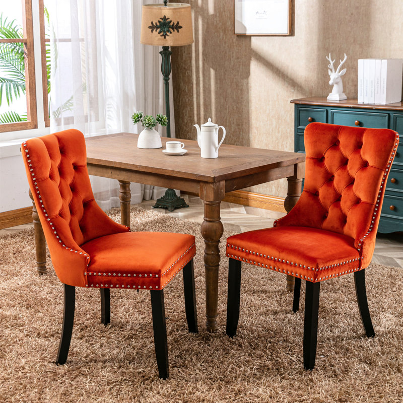 Chaises de salle à manger rembourrées en velours orange avec dossier solide et pieds en bois, 2 coussins de structure, 2