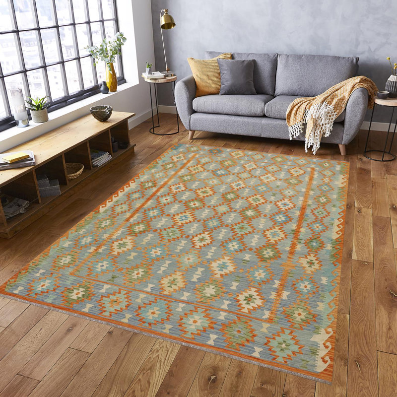 Tapis orange / bleu / jaune à motif géométrique en laine tissé à plat 8 pi 1 po x 11 pi 2 po Orrwell