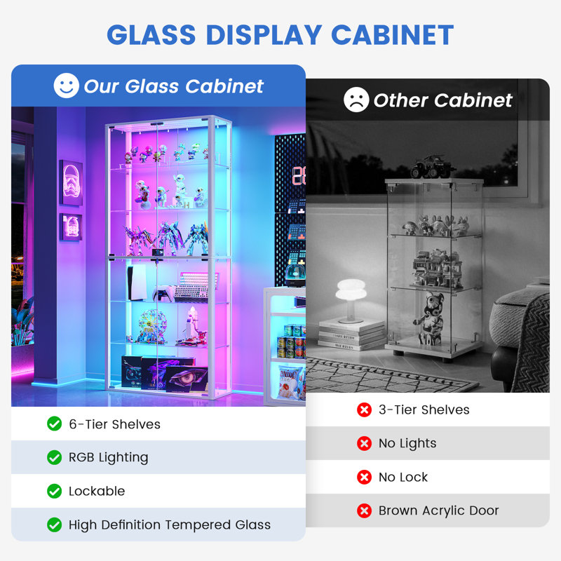 170cm Tall Glass Display Cabinet with RGB Lights, Lockable Doors & Adjustable Shelves, White