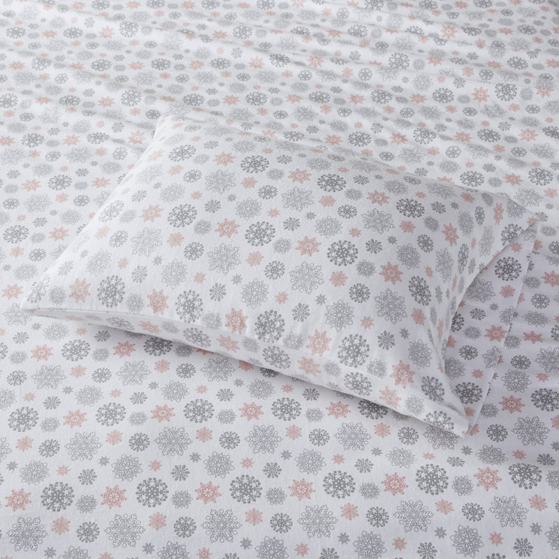 Ensemble de draps 100% coton Cozy, Flocons roses / gris, Ensemble de draps pour lit simple TG avec 1 taie d