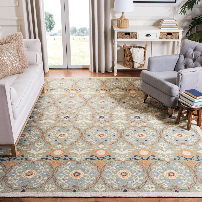 Helena Floral Handmade Hooked Wool Green Area Rug, Rectangle 6' x 9'