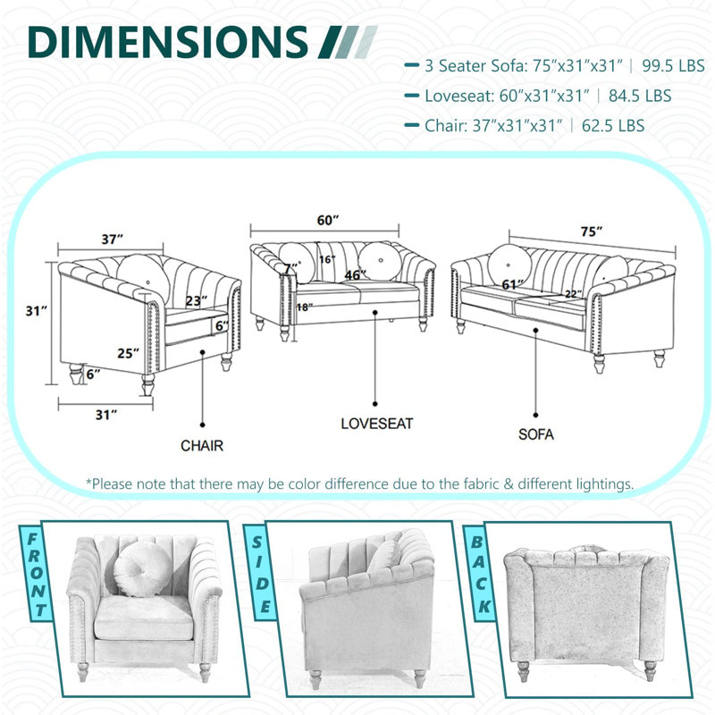 60" Upholstered Classic Chesterfield Loveseat, Blue