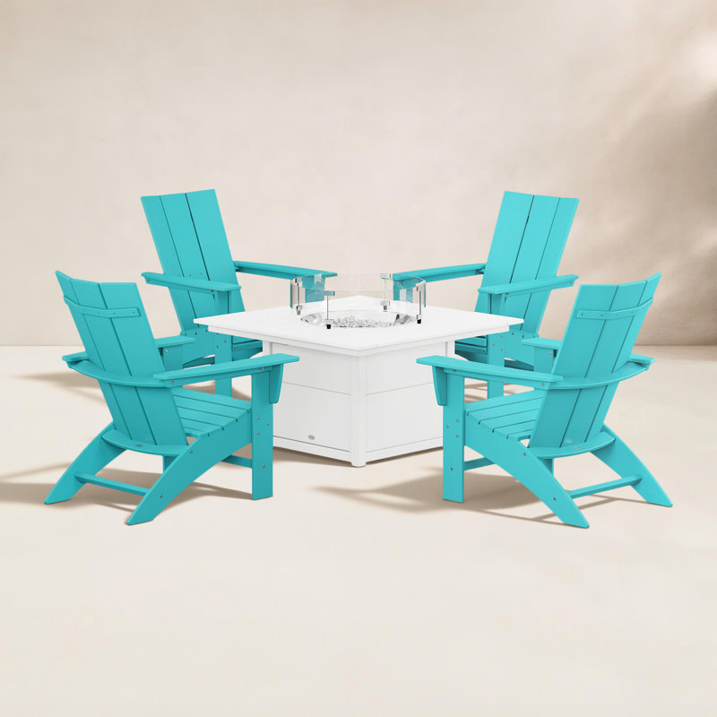 POLYWOOD Modern Curveback Adirondack 5-Piece Conversation Set with Fire Pit Table, Aruba/White