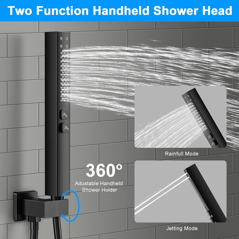 Matte Black Shower System With 12 Inch Rain Shower Head And 2 In 1 Handheld Spray, Wall Mounted Shower Faucet Set With Pressure-Balanced Valve, Modern Square Shower Head And Trim Kit