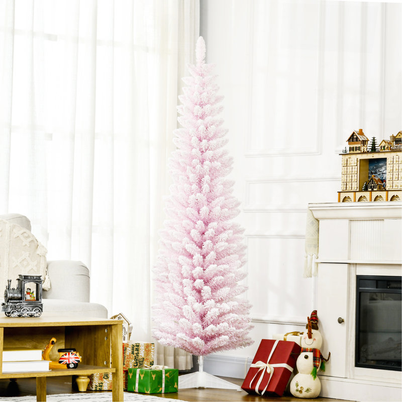 Arbre de Noël artificiel enneigé 6 pi, arbre de Noël mince avec branches réalistes et base en plastique pour décoration d'intérieur, rose
