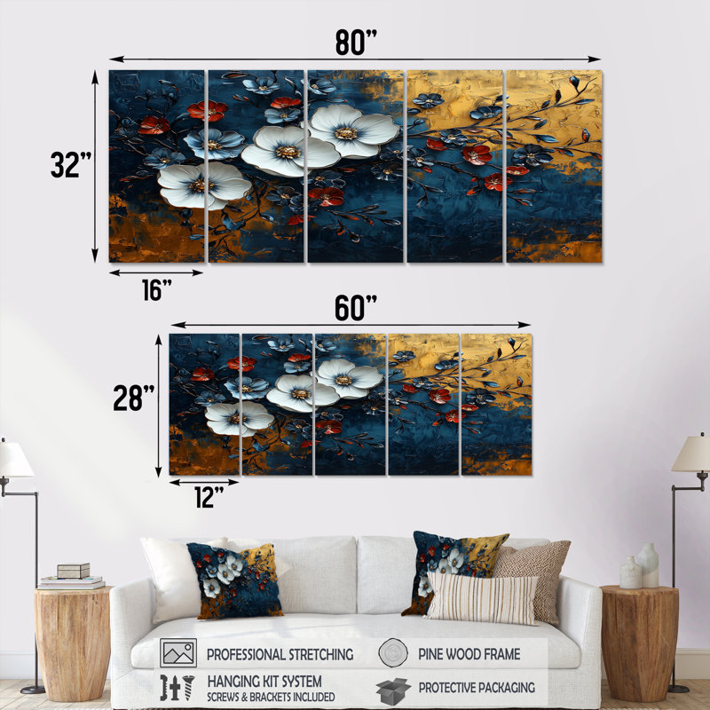 «White and Blue Poppies Venetian Vibrance I», ensemble d'art sur toile coquelicots, H 32 po x l 80 po