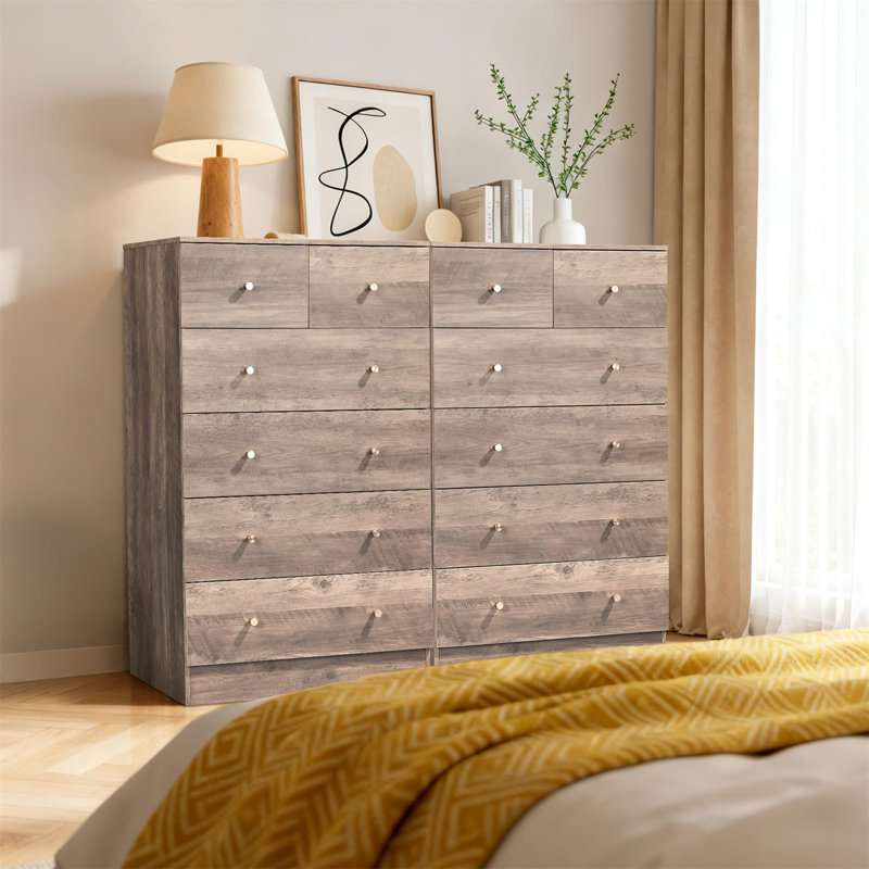 Commode 6 tiroirs moderne gris avec poignées or rose - Commode en bois avec dispositif anti-basculement, pour la chambre à coucher, le salon ou le couloir