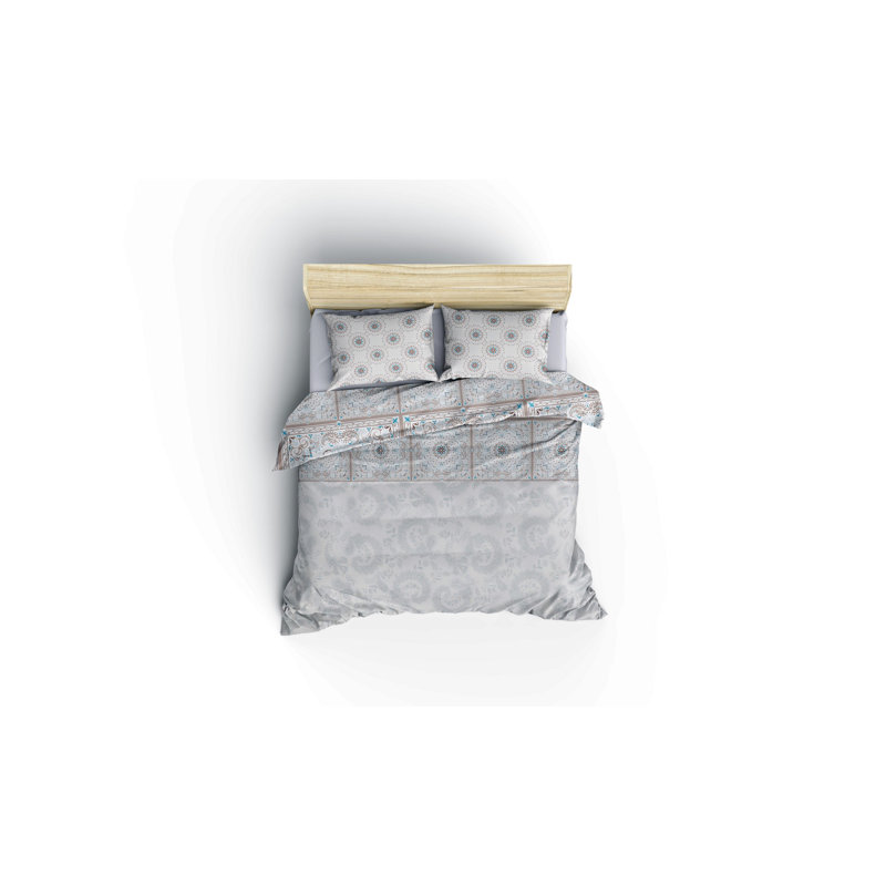 Ensemble de housse de couette 100% coton gris / bleu Corktown, Housse de couette très grand + 2 taies d'oreiller