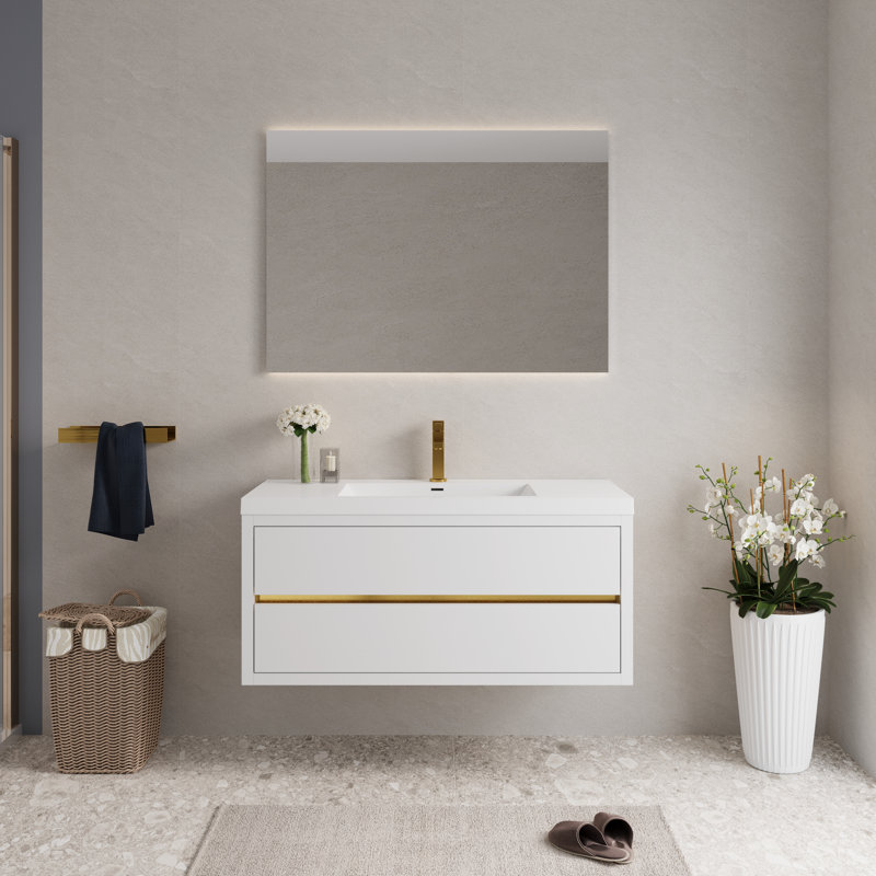 Meuble-lavabo mural blanc / beige de 36 po / 48 po avec lavabo, rangement, plateau blanc brillant en résine de pierre et tiroirs à fermeture en douceur