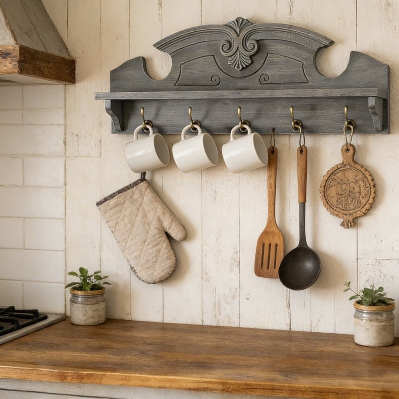 Portemanteau mural Farmhouse avec tablette et crochets - Organisateur de vestibule rustique en bois massif