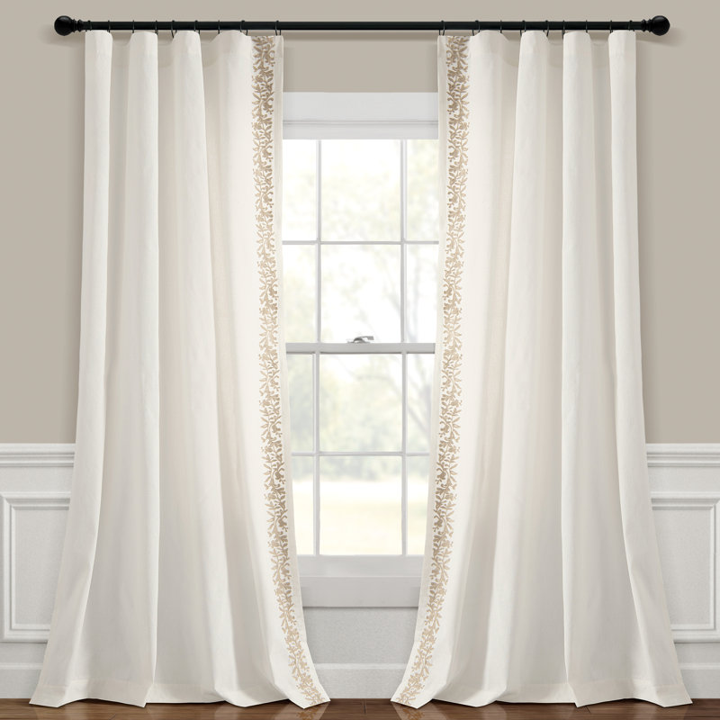 Neutral Linen Embroidery Border Cotton Blend Window Curtain Panel 52"W x 84"L