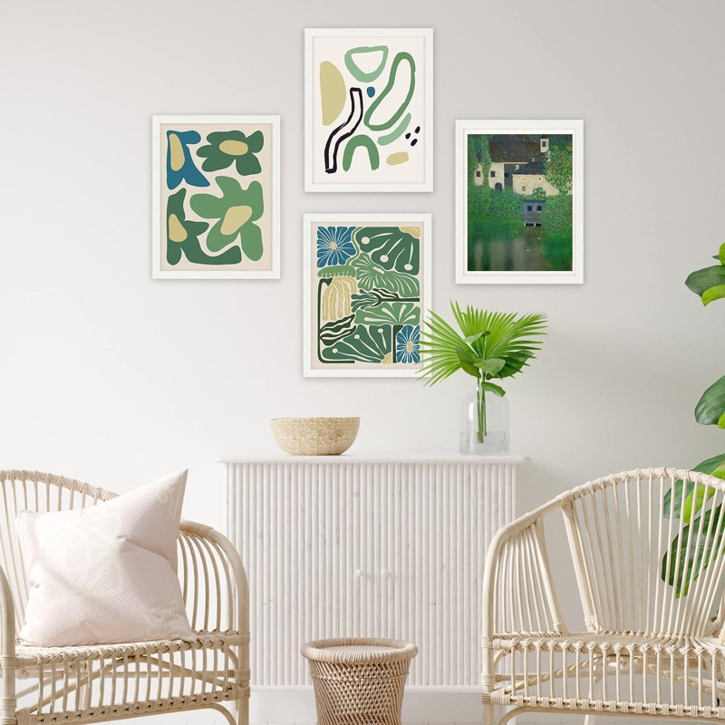 Décoration de salle de bain Bureau, motif géométrique de fleurs vertes, forme abstraite, minimalisme, relaxation / zen, impression sur papier encadrée de 4 pièces