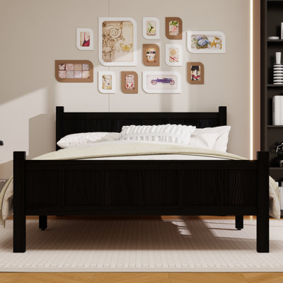 Grand lit à panneau plat avec tête et pied de lit, lit plateforme minimaliste moderne avec finition grain de bois, style Shaker et style campagnard, mobilier de chambre élégant et fonctionnel, noir