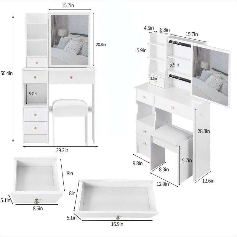 29.2" Small Size Left Drawer Desktop Vanity Table + Cushioned Stool, Extra Large Right Sliding Mirror, Multi Layer High Capacity Storage, Practical Fashionable Dresser, Suitable For Small Space