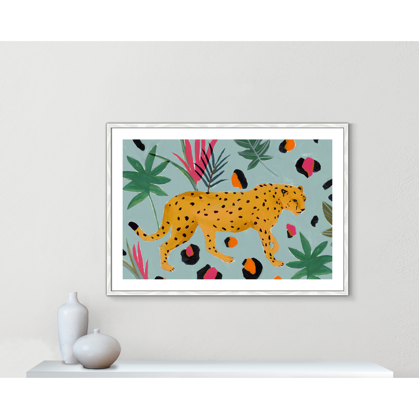 Nyles "Walking Cheetah II" Painting by Isabelle Z, 29.5" H x 41.5" W x 0.75" D, White Wood Framed Paper