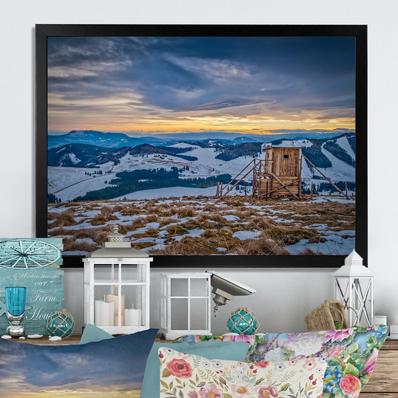 Snowy Mountains With Colorful Sky - reproduction de cadre photo sur toile, Cadre noir, H 8 po x l 12 po x P 1 po