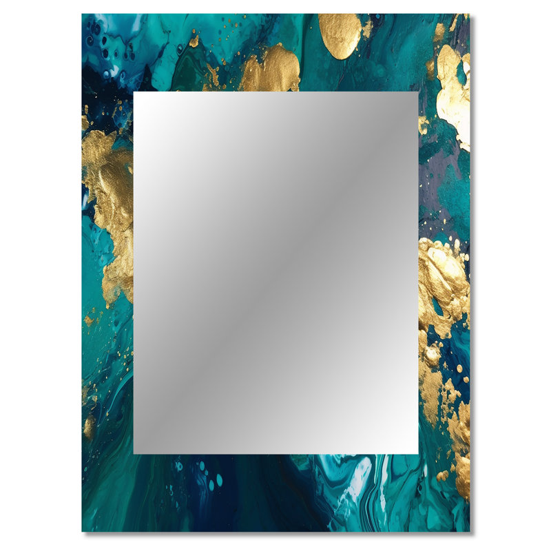 Sarcelle et or liquide Magic II - miroir mural abstrait, miroir décoratif moderne, impression d'art en métal, 40 po x 30 po
