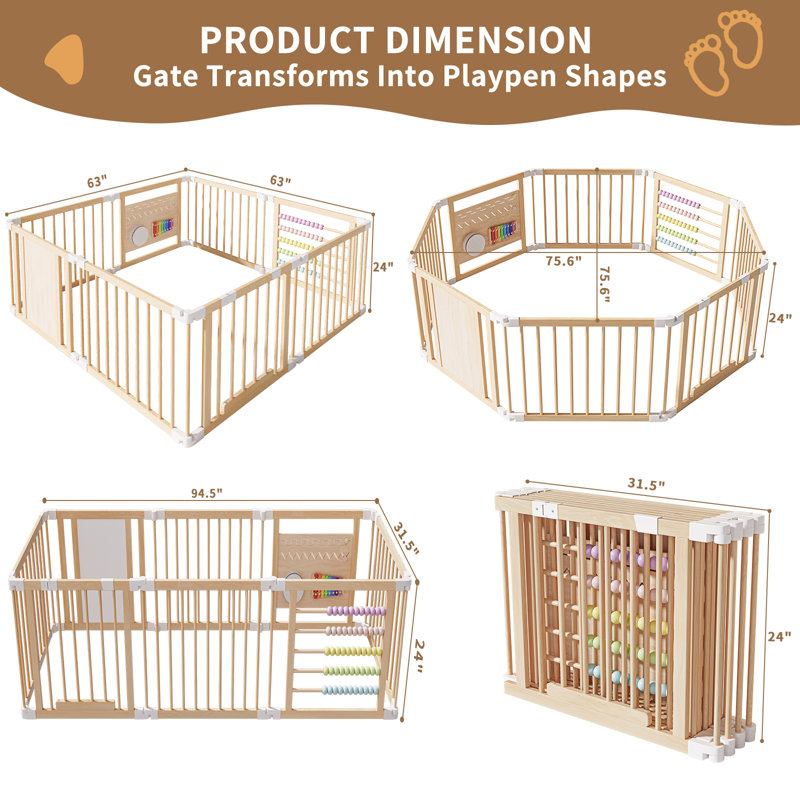 Parc pour bébé et tout-petit, centre d'activités pour bébé en bois réglable et pliable, 24" H x 63" W x 63" D