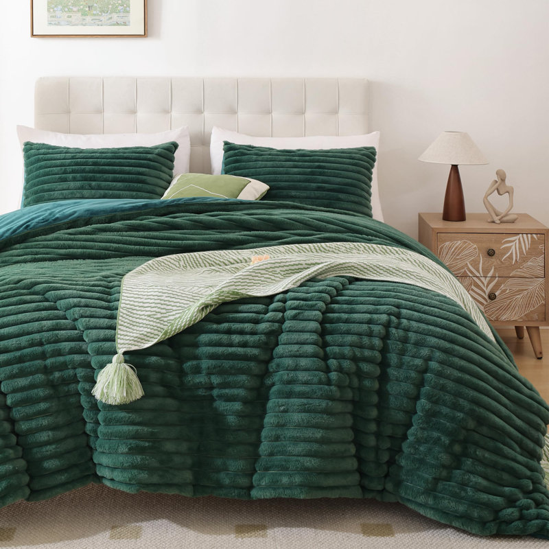 Fluffy Comforter Set 3 Pieces- All Seasons Heavy Faux Fur Comforter With Two Pillowcases, Dark Green