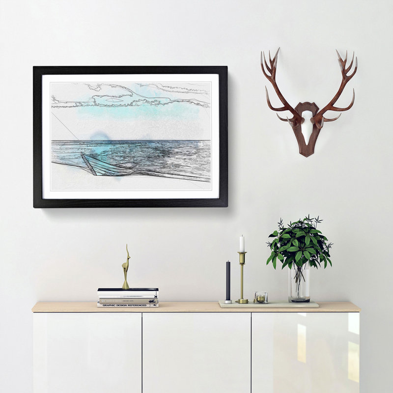 Blue Boat upon the Beach in Abstract - Picture Frame Drawing Print, 62cm H x 87cm W x 2cm D, Black Framed