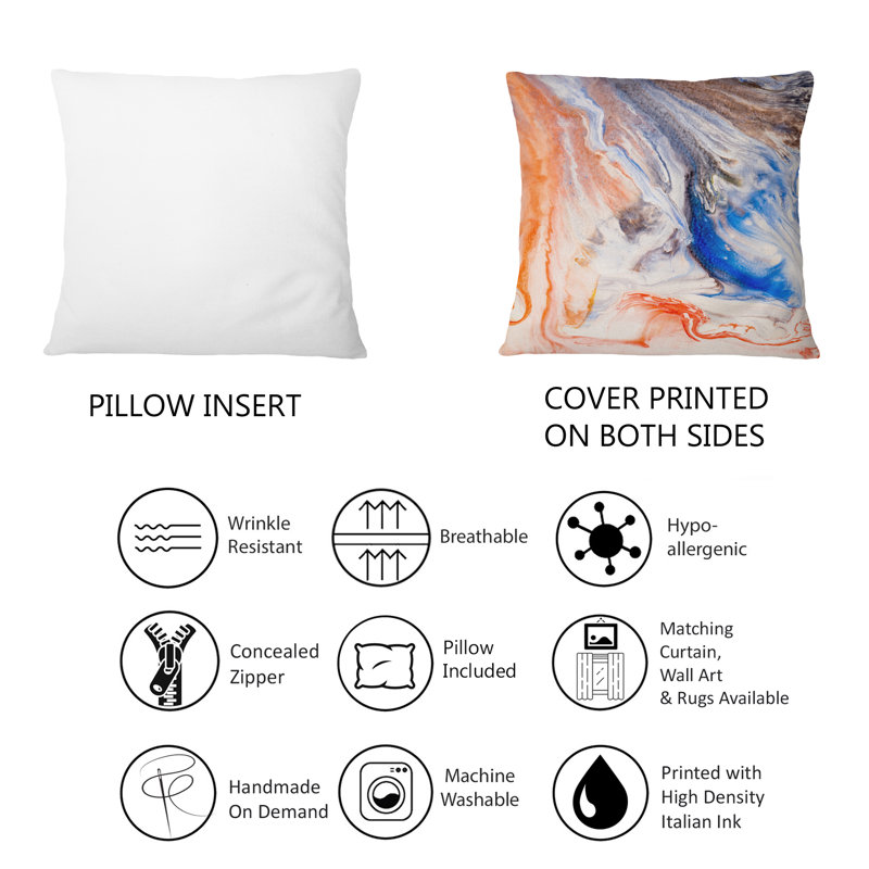 Coussin décoratif orange et bleu à motif de vagues en marbre liquide