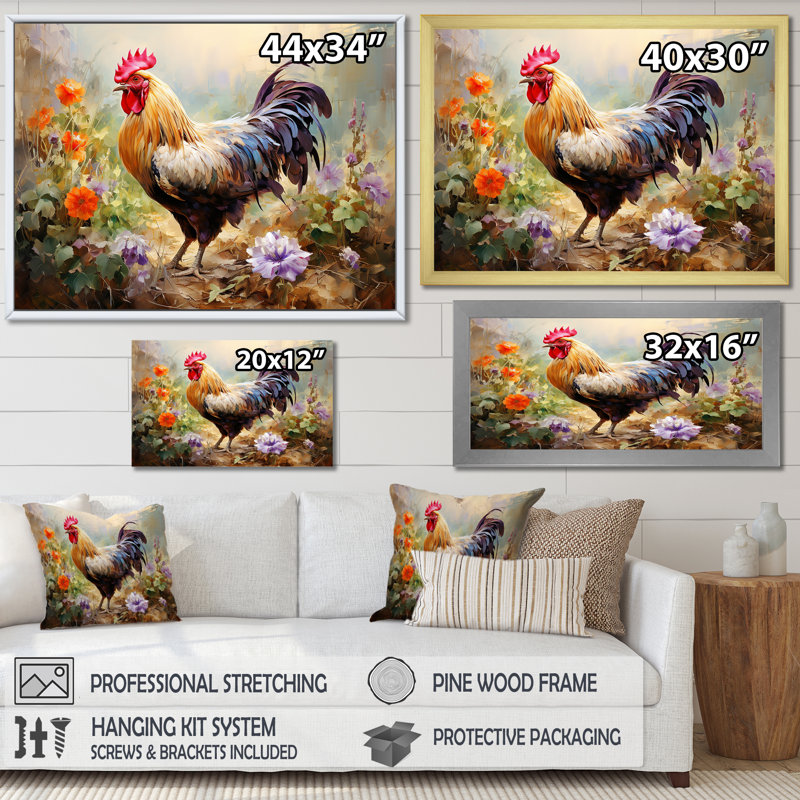Red Melody Rooster s floral jardins - Coq, art mural, H 34 po x l 44 po x P 1,5 po, Silver Floater Frame