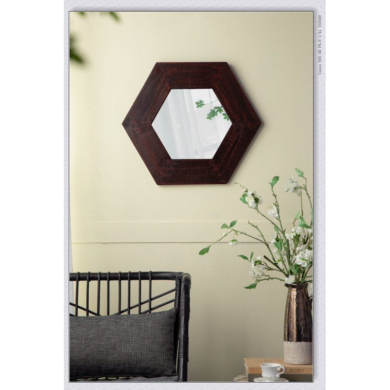 Miroir hexagonal 18,5 "x 18,5" avec cadre en bois massif, décoration murale, Brun